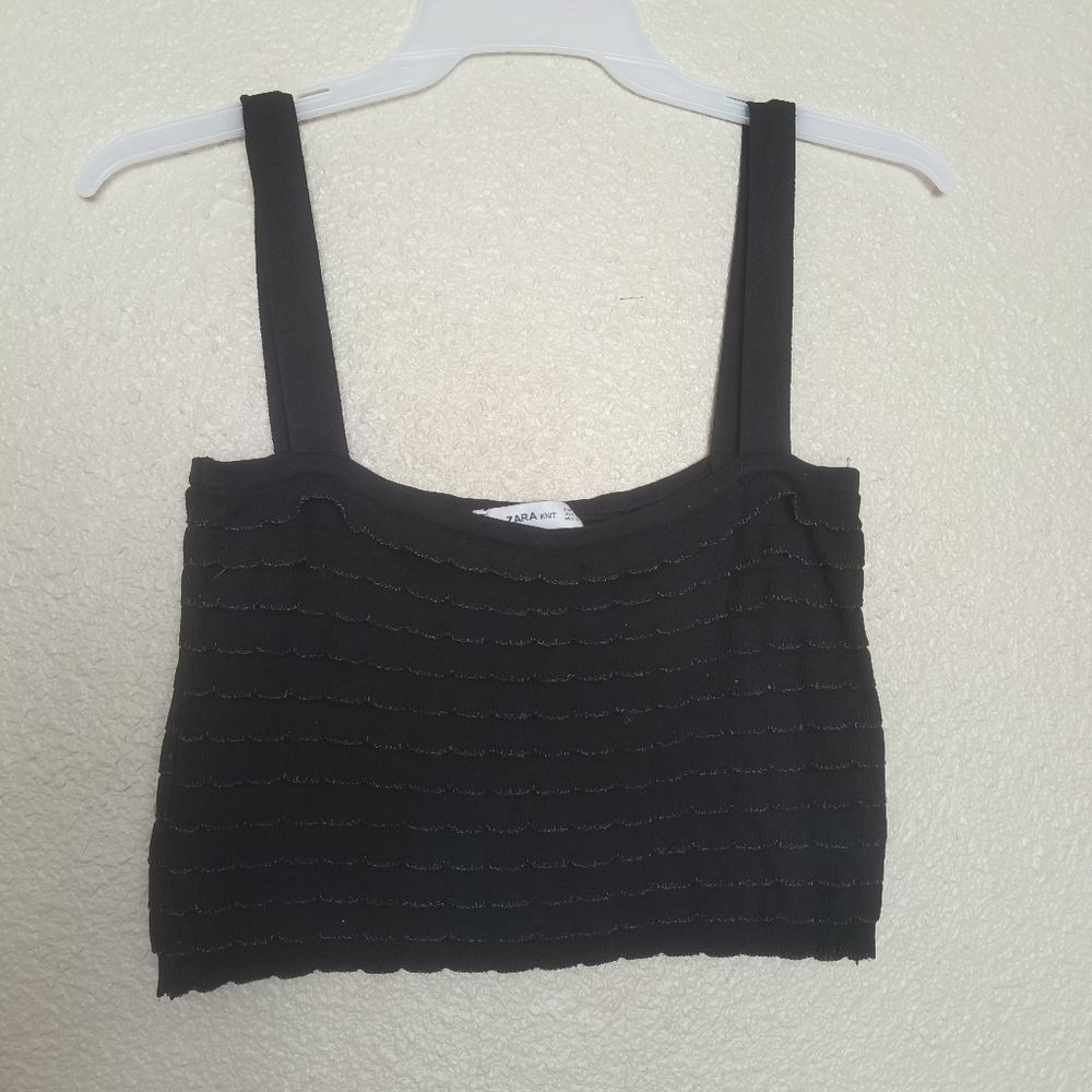 Zara Knit‎ Black Ruffle Crop Tank Top Metallic Trim Square Neck Size Large